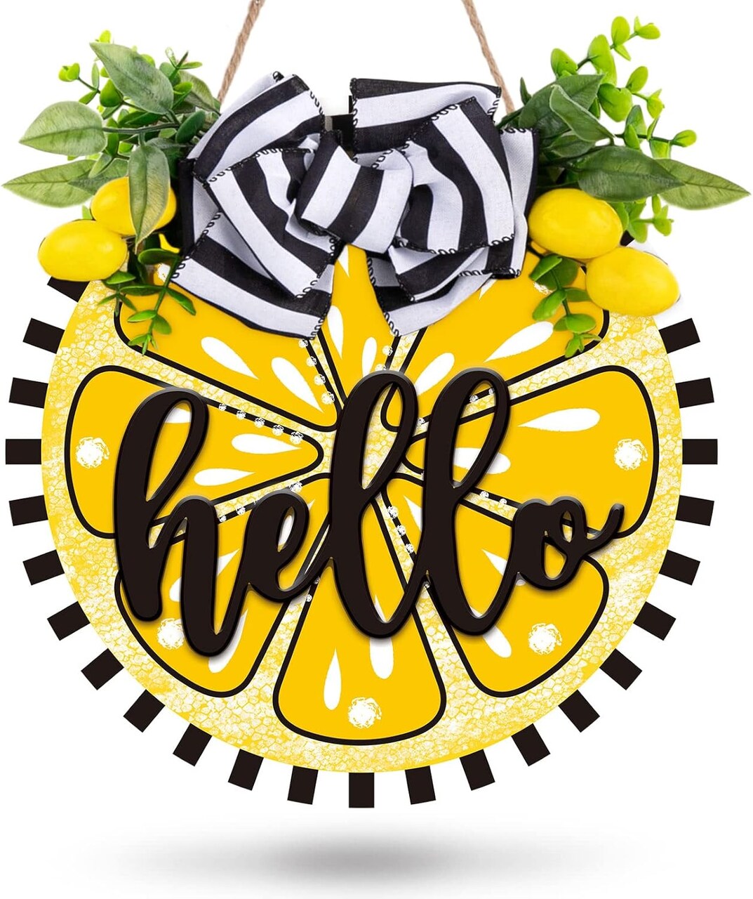 Lemon Wooden Hanging Sign – 3D “Hello Summer” Welcome Sign with Bow and Artificial Lemon. Rustic Farmhouse Style Door Hanger for Front Door, Home, Office, or Shop Window.